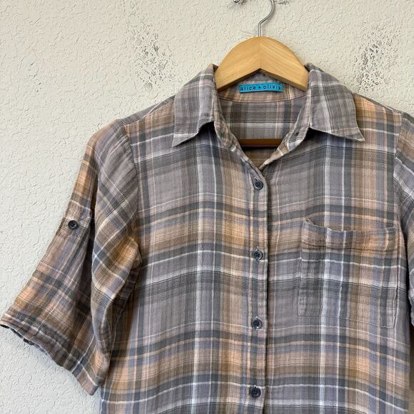 ALICE + OLIVIA Plaid Button Up Shirt Roll-Tab Sleeve Hi-Low 90s - Picture 3 of 10